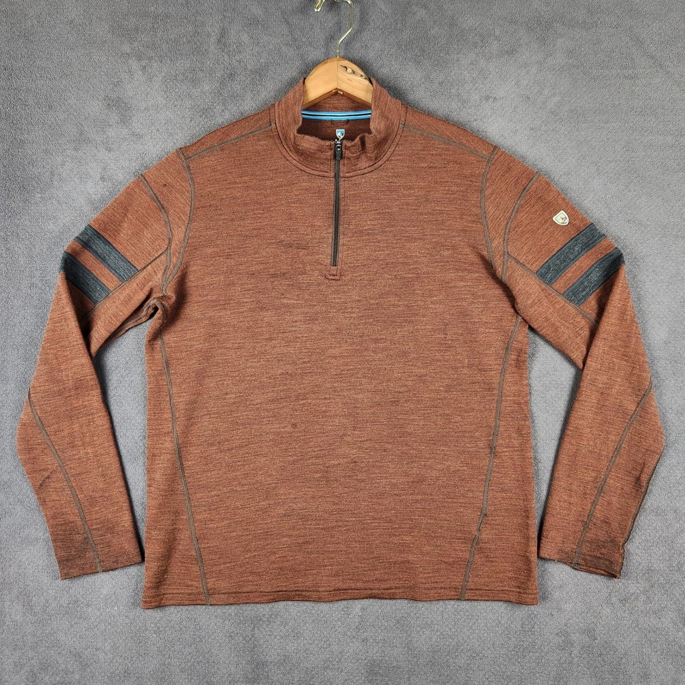KUHL Team Merino‎ 1/4 Zip Pullover Mens Medium Rustic Brick Stripe Lightweight